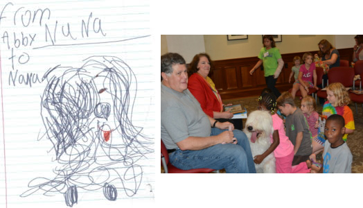 Child's drawing of Nana the sheepdog and a photo of Nana with a group of children